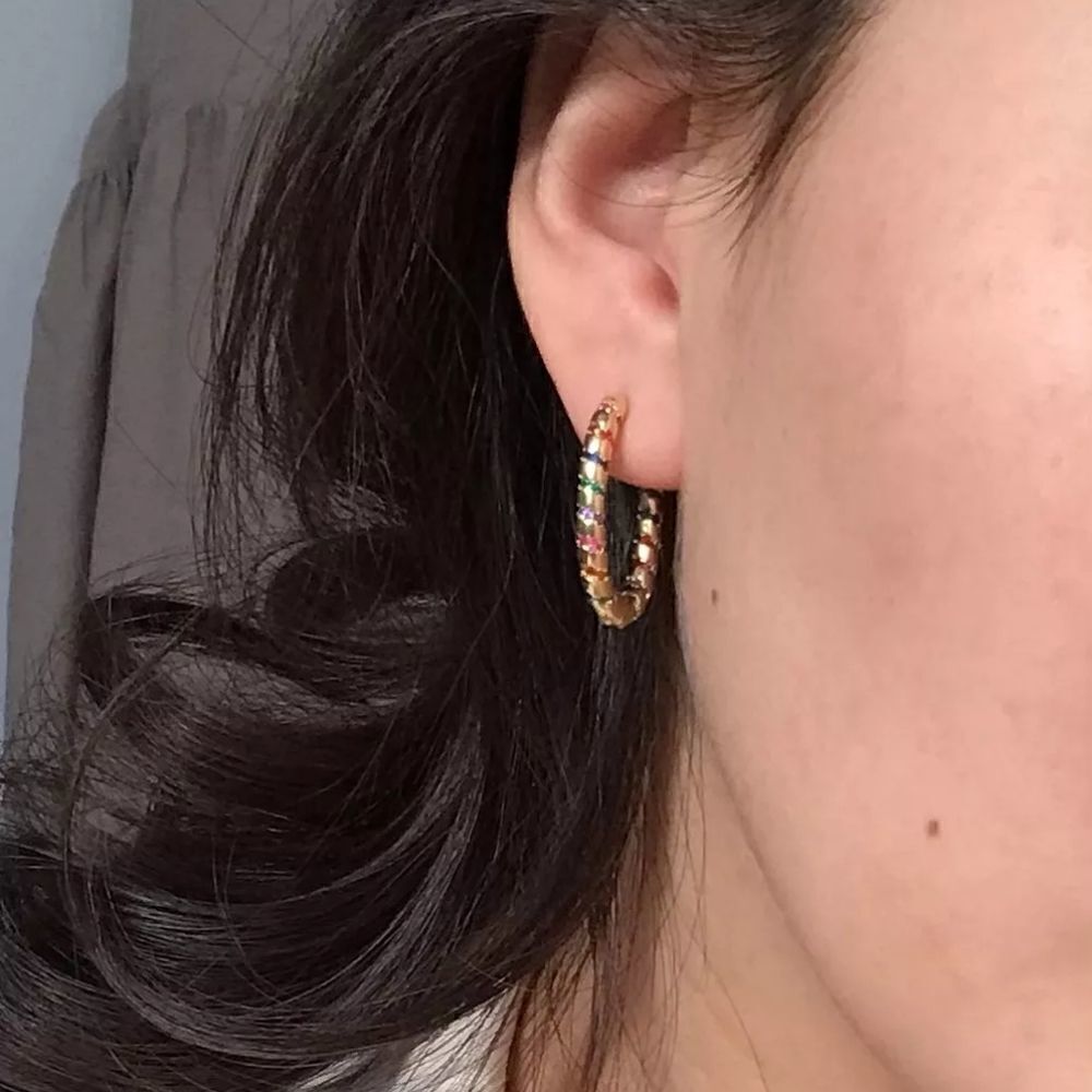 Free People Gold Oval Rainbow Huggie Hoop Earrings Multicolor Cubic Zirconia - Picture 4 of 8